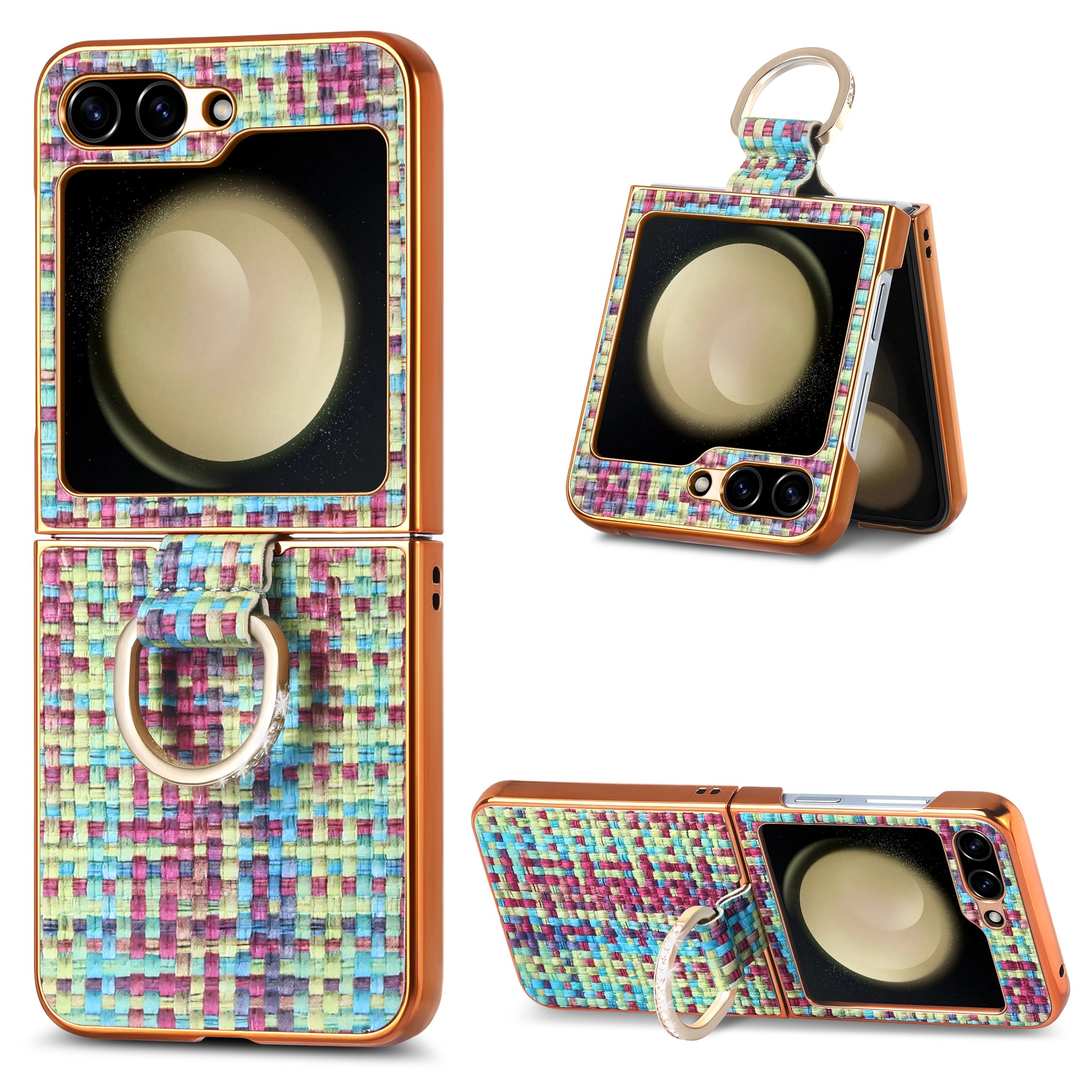 For Samsung Galaxy Z Flip5 5G Electroplating Woven Pattern PU PC Phone Case Rhinestone Decoration Kickstand Cover For Samsung Galaxy Z Flip5 5G Electroplating Woven Pattern PU PC Phone Case Rhinestone Decoration Kickstand Cover